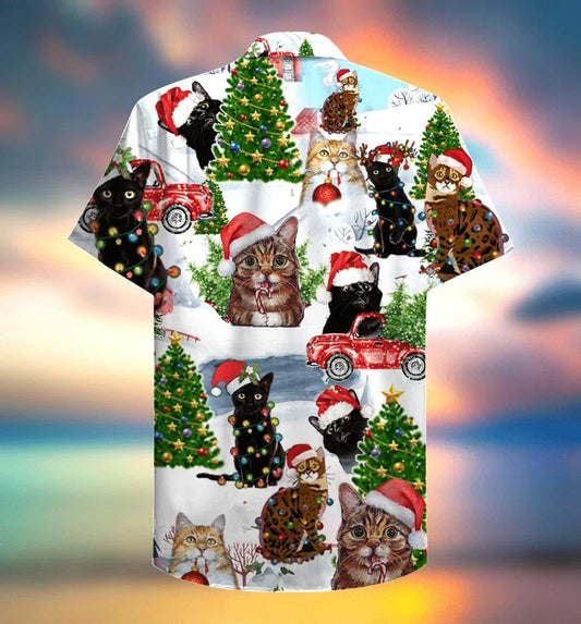 Cat Christmas Santa Kitten On Red Truck Hawaiian Shirt, Hawaiian Shirt Gift, Christmas Gift