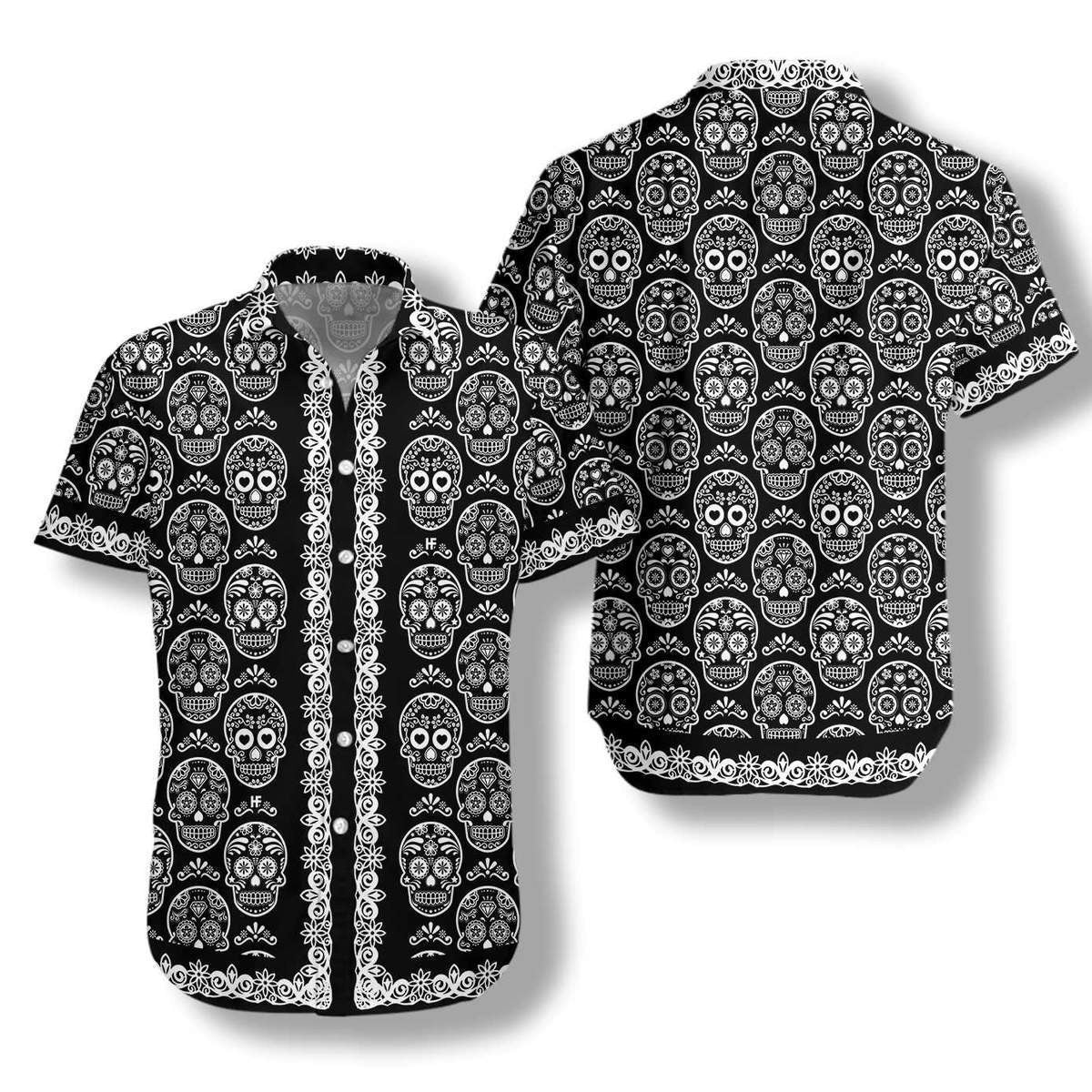 Mexican Sugar Skull On Black Pattern Hawaiian Shirt,Hawaiian Shirt Gift, Christmas Gift