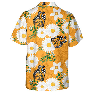 White Floral And Butterflies On Orange Hawaiian Shirt, Hwaiian For Gift