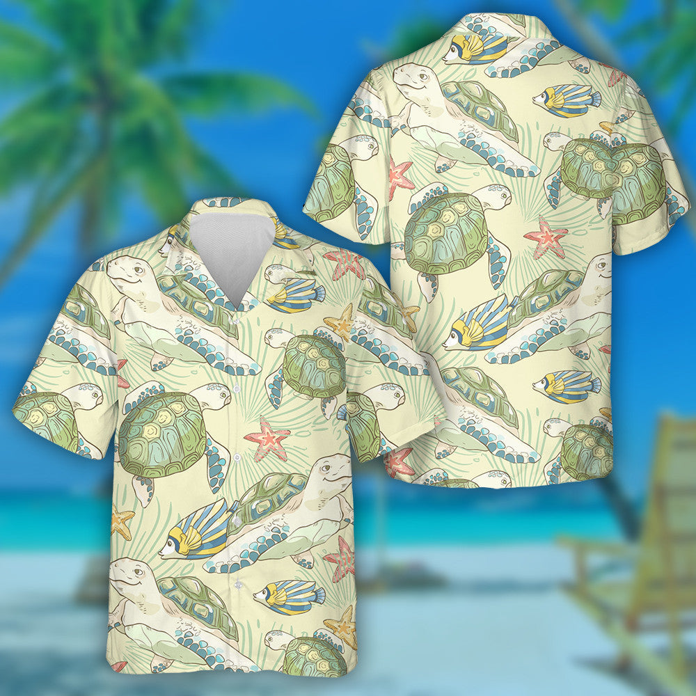 Hand Drawn Sea Fish And Turtles Vintage Style Hawaiian Shirt, Hawaiian Shirt Gift, Christmas Gift