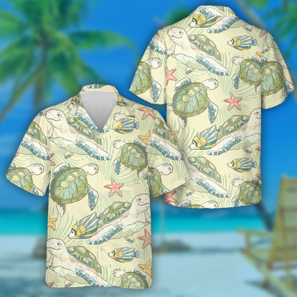 Hand Drawn Sea Fish And Turtles Vintage Style Hawaiian Shirt, Hawaiian Shirt Gift, Christmas Gift