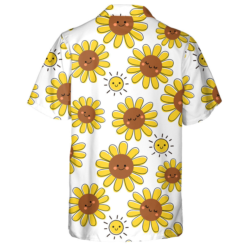 Happy Childish Cartoon Smiling Sun And Sunflower Pattern Hawaiian Shirt, Hawaiian Shirt Gift, Christmas Gift