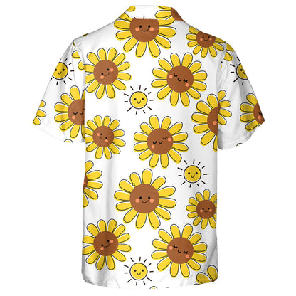 Happy Childish Cartoon Smiling Sun And Sunflower Pattern Hawaiian Shirt, Hawaiian Shirt Gift, Christmas Gift