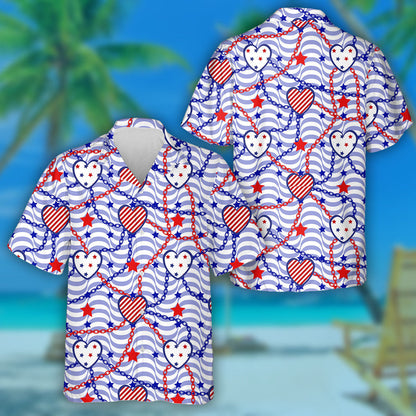Pastel Blue Wavy Background With Chains Hearts And Stars Hawaiian Shirt, Hawaiian Shirt Gift, Christmas Gift