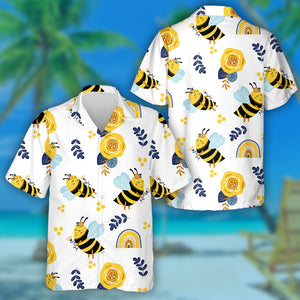 Summer Bees And Rainbows With Flowers Hawaiian Shirt,Hawaiian Shirt Gift, Christmas Gift