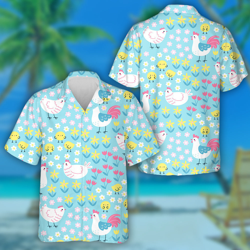 Cute Chickens And Roosters On Floral Background Hawaiian Shirt, Hawaiian Shirt Gift, Christmas Gift