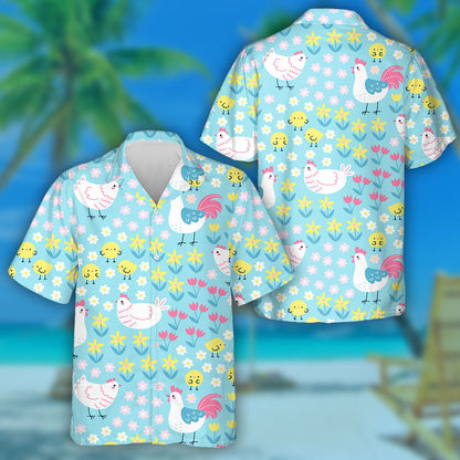 Cute Chickens And Roosters On Floral Background Hawaiian Shirt, Hawaiian Shirt Gift, Christmas Gift