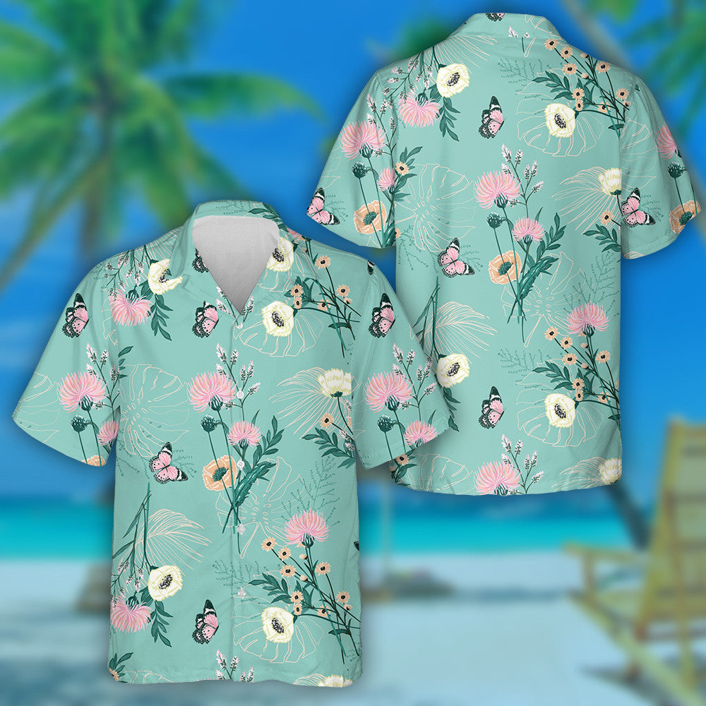 Trendy Pastel Variety Of Garden Flowers And Butterflies Hawaiian Shirt, Hawaiian Shirt Gift, Christmas Gift
