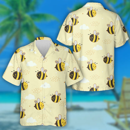 Cute Bee With Cloud And Dot On The Yellow Background Hawaiian Shirt, Hawaiian Shirt Gift, Christmas Gift