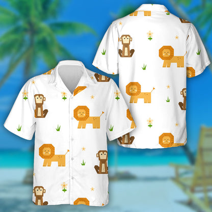 Cute African Lion And Monkey With Flower And Grass Hawaiian Shirt, Hawaiian Shirt Gift, Christmas Gift