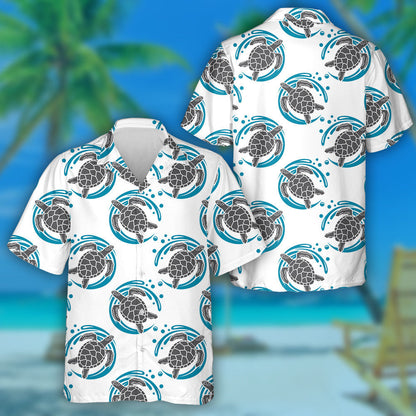 Sea Turtles And Waves On White Background Hawaiian Shirt, Hawaiian Shirt Gift, Christmas Gift