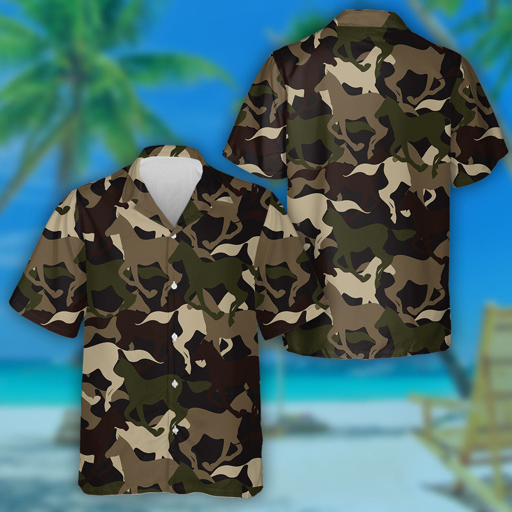 Dark Theme Western Horses Keep Running Camo Pattern Hawaiian Shirt, Hawaiian Shirt Gift, Christmas Gift