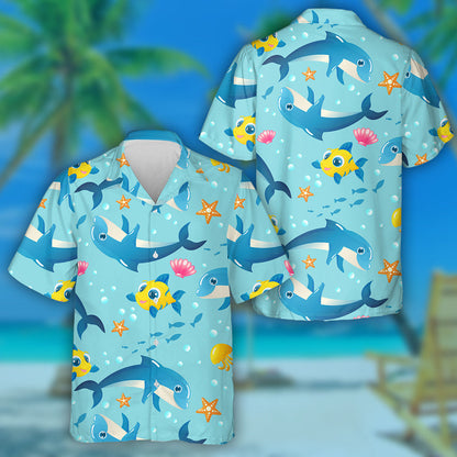 Pattern With Dolphins Fish Starfish Seashells Jellyfish And Bubbles Hawaiian Shirt, Hawaiian Shirt Gift, Christmas Gift