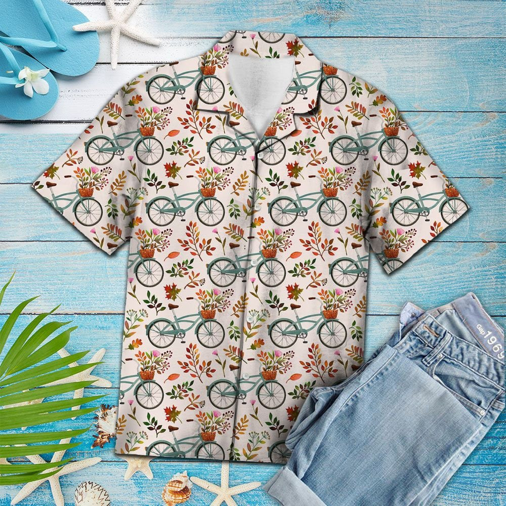 Hawaiian Shirt Autumn Bike With Bouquet In Basket, Hawaiian For Gift