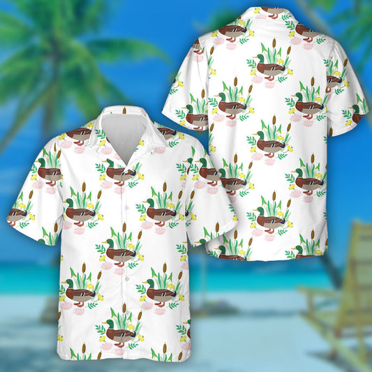 Hand Drawn Cute Duck And Plants Hawaiian Shirt, Hawaiian For Gift