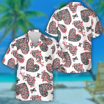 Leopard Hearts With Paisleys Motifs On White Background Hawaiian Shirt, Hawaiian Shirt Gift, Christmas Gift