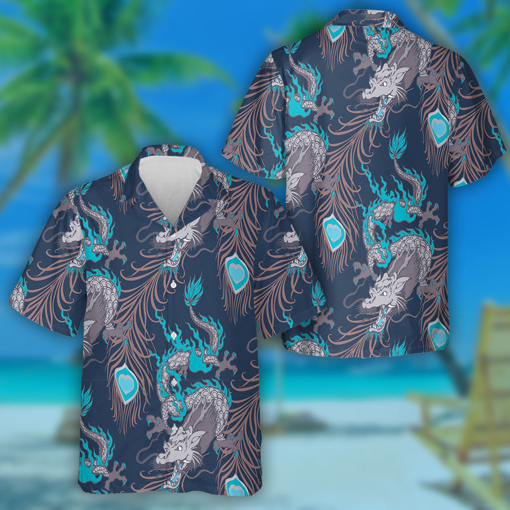 Asian Dragon And Peacock Feather Vintage Style Hawaiian Shirt, Hawaiian Shirt Gift, Christmas Gift