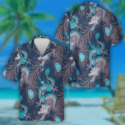 Asian Dragon And Peacock Feather Vintage Style Hawaiian Shirt, Hawaiian Shirt Gift, Christmas Gift