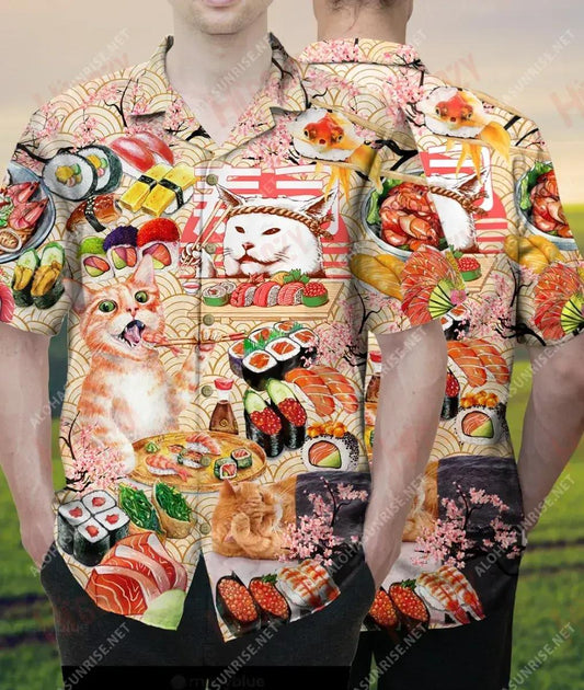 Sushi And Cats Make Me Happy Unisex Hawaiian Shirt Ocean Short Sleeve Best Hawaiian Shirts Hawaiian Shirts For Men, Hawaiian Shirt Gift, Christmas Gift