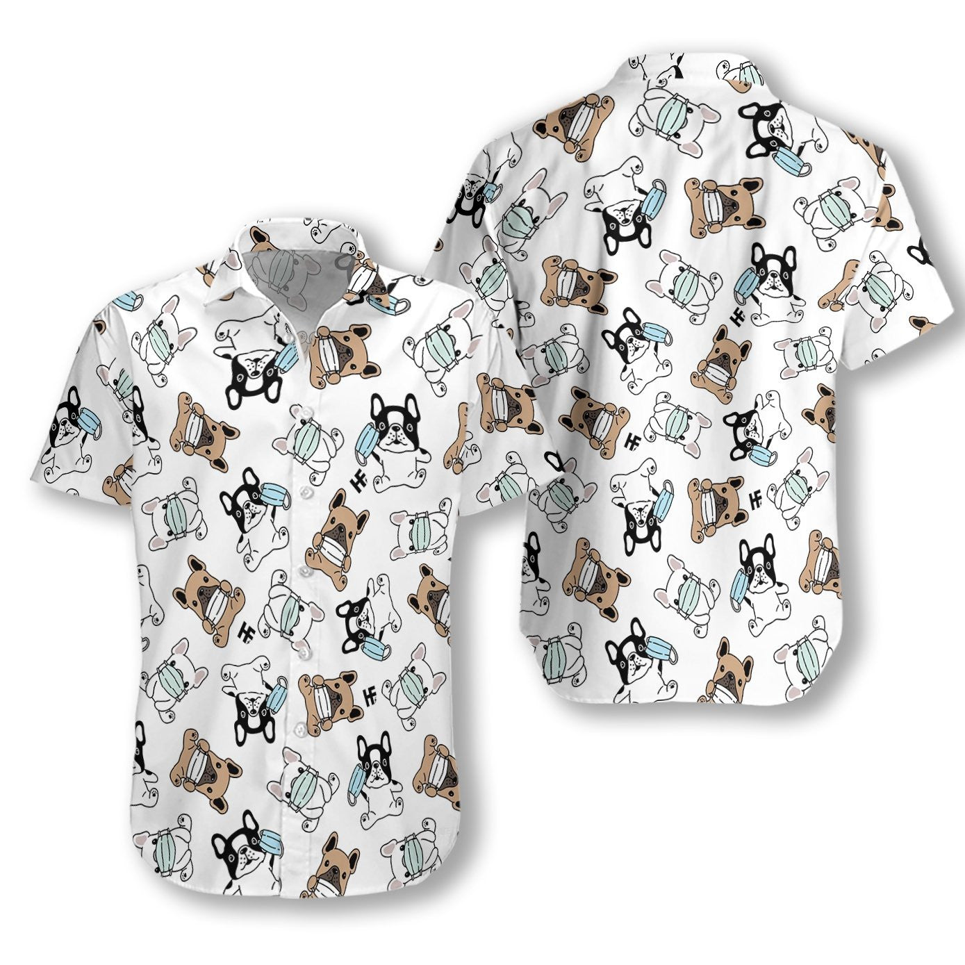 Cute French Bulldog With Face Mask White Background Hawaiian Shirt, Hawaiian Shirt Gift, Christmas Gift