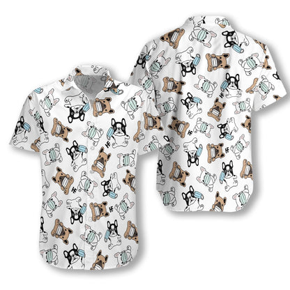 Cute French Bulldog With Face Mask White Background Hawaiian Shirt, Hawaiian Shirt Gift, Christmas Gift