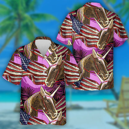 Girly Brown Unicorn With American Flag Embroidery Pattern Hawaiian Shirt, Hawaiian Shirt Gift, Christmas Gift