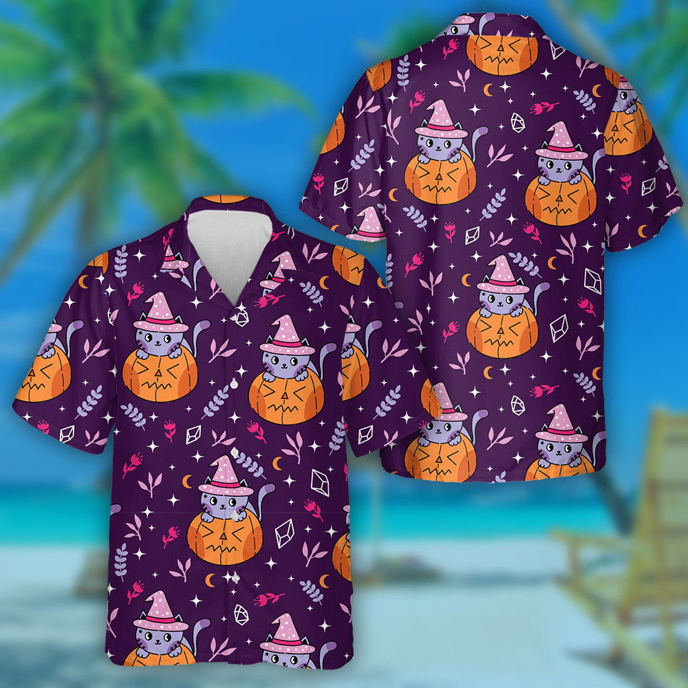 Magic Purple Cat Witch Leaves And Pumpkin Hawaiian Shirt , Hawaiian Shirt Gift, Christmas Gift