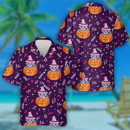 Magic Purple Cat Witch Leaves And Pumpkin Hawaiian Shirt , Hawaiian Shirt Gift, Christmas Gift