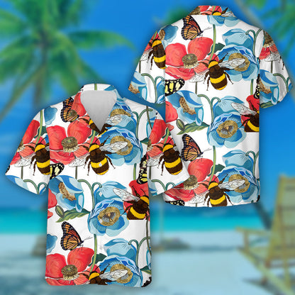 Red Poppy Flowers With Bumblebee On Bright Floral Background Hawaiian Shirt, Hawaiian Shirt Gift, Christmas Gift