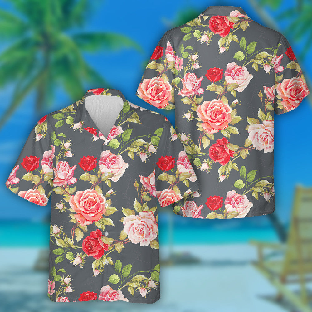 Pink And Red Roses On Branch Watercolor Art Design Hawaiian Shirt, Hawaiian Shirt Gift, Christmas Gift