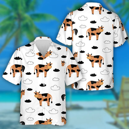 Cow And Horse Farm Animals On A White Background Hawaiian Shirt, Hawaiian Shirt Gift, Christmas Gift