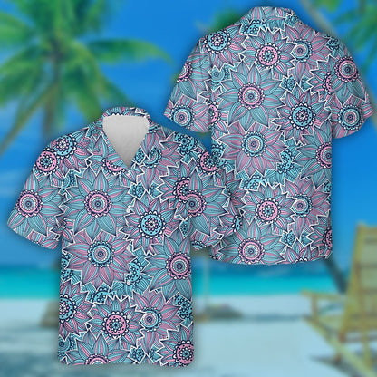 Hippie Style Sunflowers Outline Drawn In Turquoise And Pink Hawaiian Shirt, Hawaiian Shirt Gift, Christmas Gift