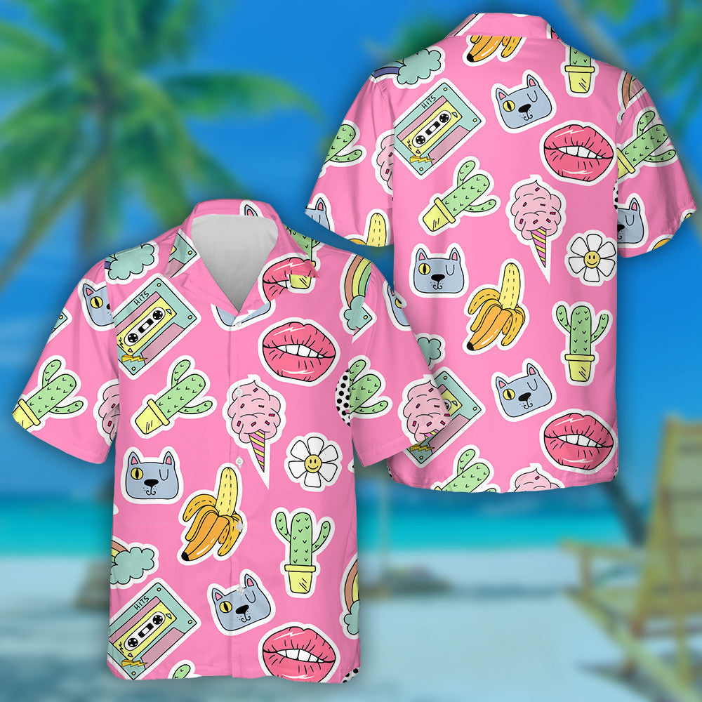 Cartoon Patch Badges With Lips And Cat Hawaiian Shirt, Hawaiian Shirt Gift, Christmas Gift
