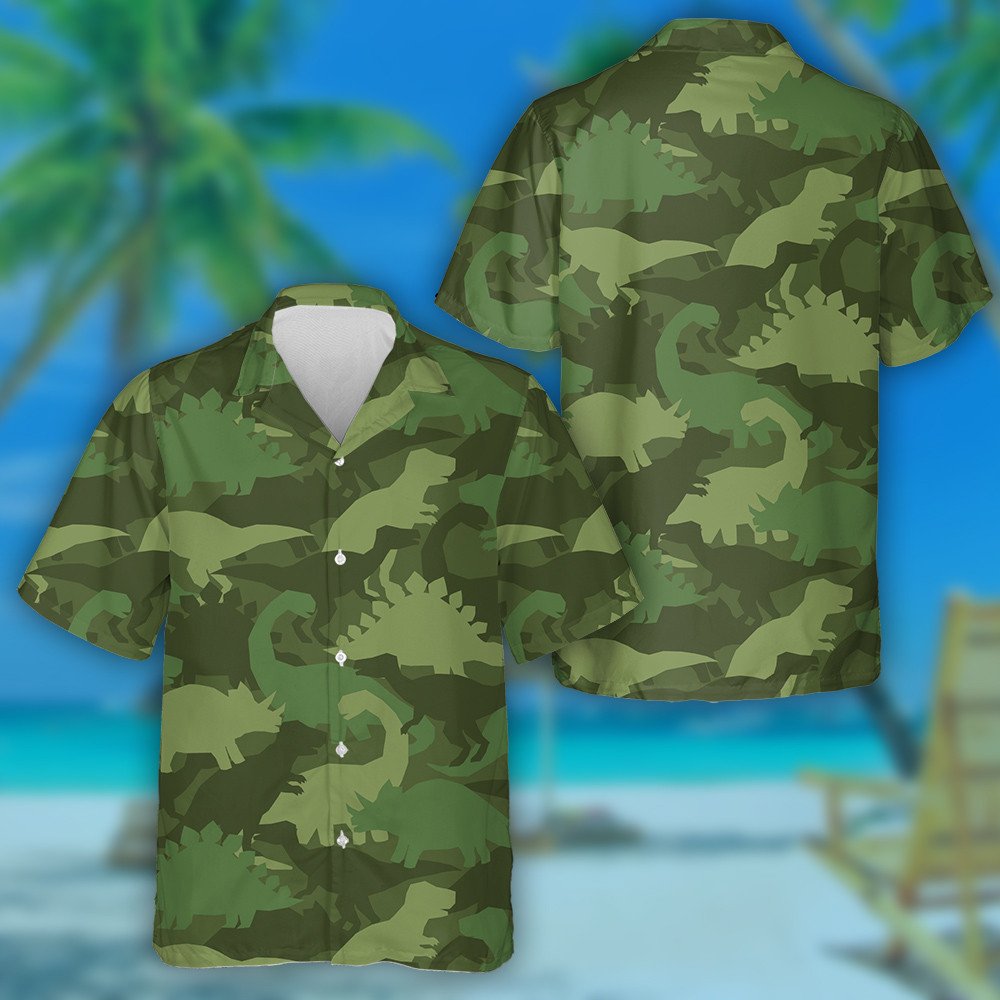 Khaki Army Green Camouflage With Dinosaurs Pattern Hawaiian Shirt, Hawaiian Shirt Gift, Christmas Gift