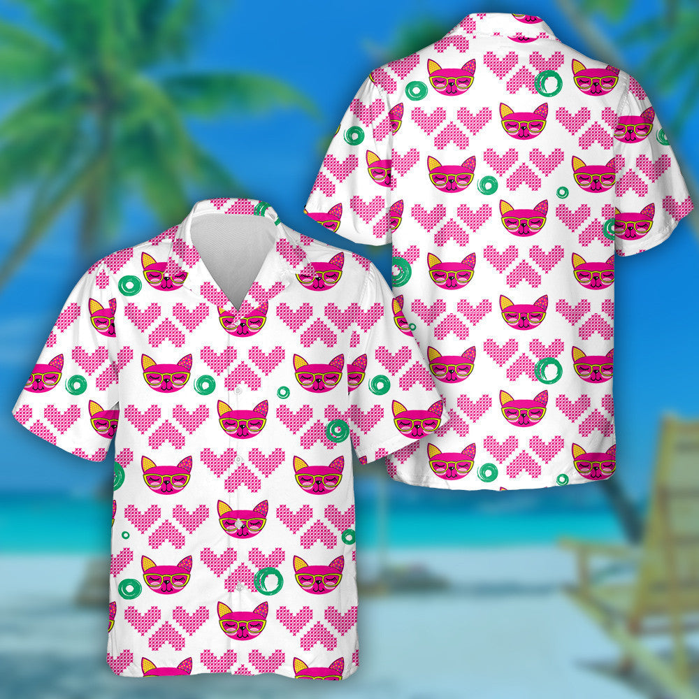 Pussy Cat Had Repeated Backdrop With Knitted Hearts Hawaiian Shirt, Hawaiian Shirt Gift, Christmas Gift