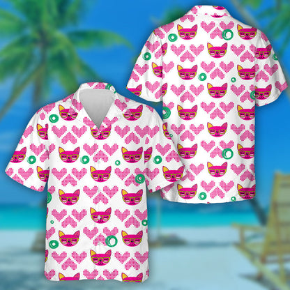 Pussy Cat Had Repeated Backdrop With Knitted Hearts Hawaiian Shirt, Hawaiian Shirt Gift, Christmas Gift