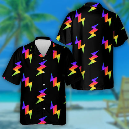 Ideal Rainbow Lightning Bolts Black Background Pattern Hawaiian Shirt, Hawaiian Shirt Gift, Christmas Gift