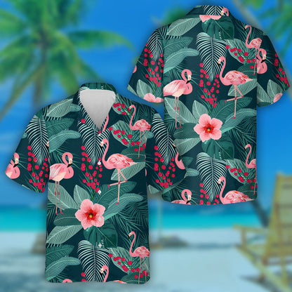 Beautiful Flamingo With Tropcial Palm And Banana Leave Hawaiian Shirt, Hawaiian Shirt Gift, Christmas Gift