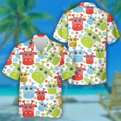 Colorful Cute Cow On White Doodle Style Hawaiian Shirt, Hawaiian Shirt Gift, Christmas Gift