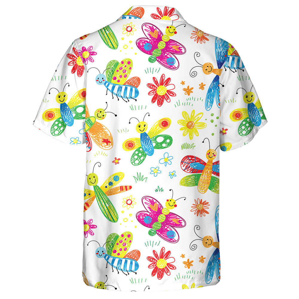 Theme Cute Hand Drawn Kids Doodle Butterfly Hawaiian Shirt, Hawaiian Shirt Gift, Christmas Gift