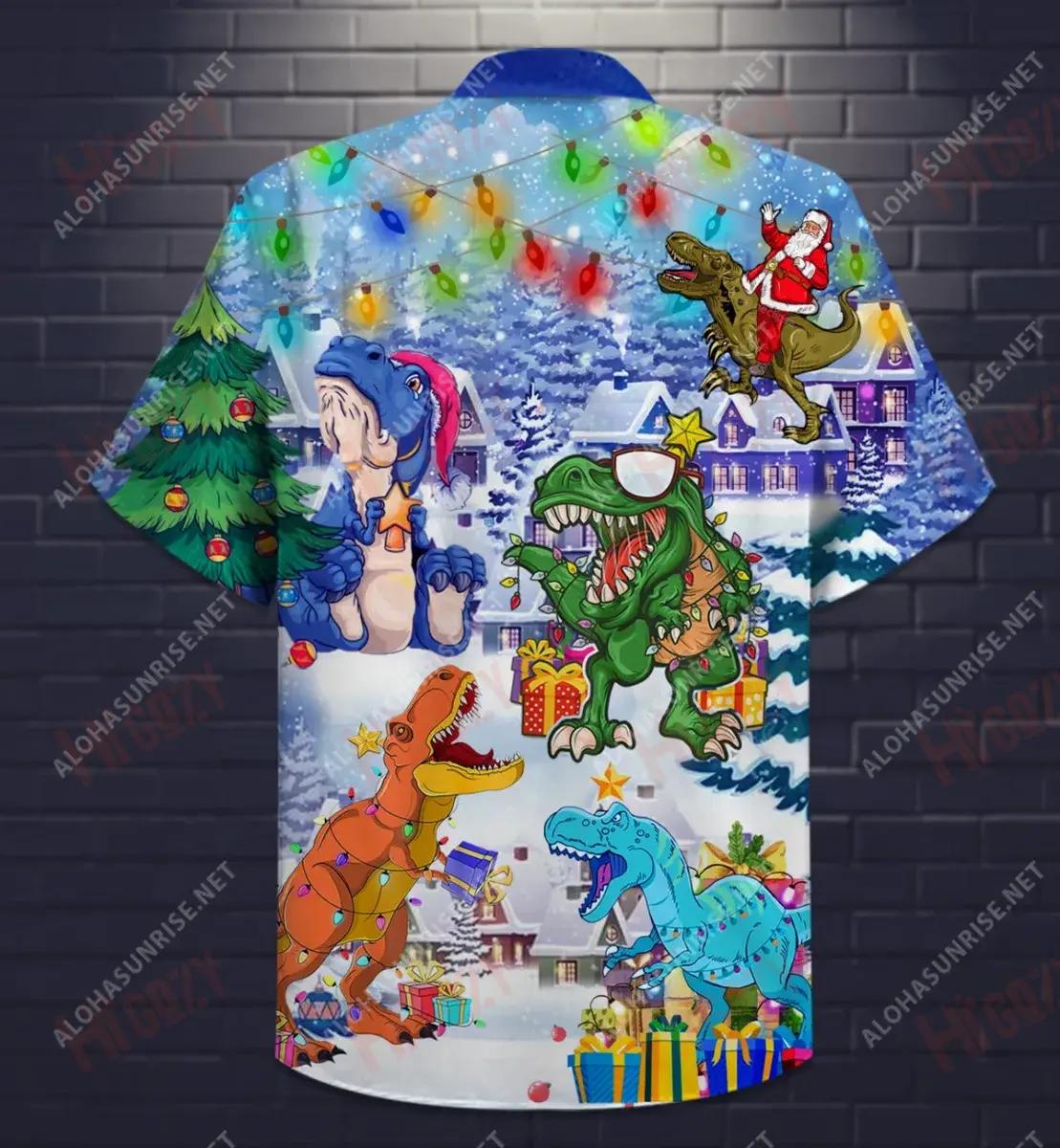 T-Rex Christmas Short Short Sleeve Shirt Vacation Hawaiian T Shirts Tactical Hawaiian Shirt Hawaiian Shirts For Men, Hawaiian Shirt Gift, Christmas Gift