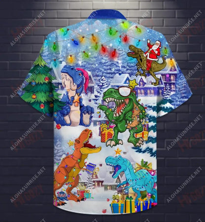 T-Rex Christmas Short Short Sleeve Shirt Vacation Hawaiian T Shirts Tactical Hawaiian Shirt Hawaiian Shirts For Men, Hawaiian Shirt Gift, Christmas Gift