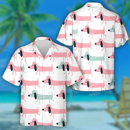 Hand Draw Cartoon Dachshund Stripe Colorful Hawaiian Shirt, Hawaiian Shirt Gift, Christmas Gift