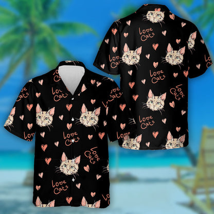 Cute Face Of Cat And Heart In Cartoon Style Hawaiian Shirt, Hawaiian Shirt Gift, Christmas Gift
