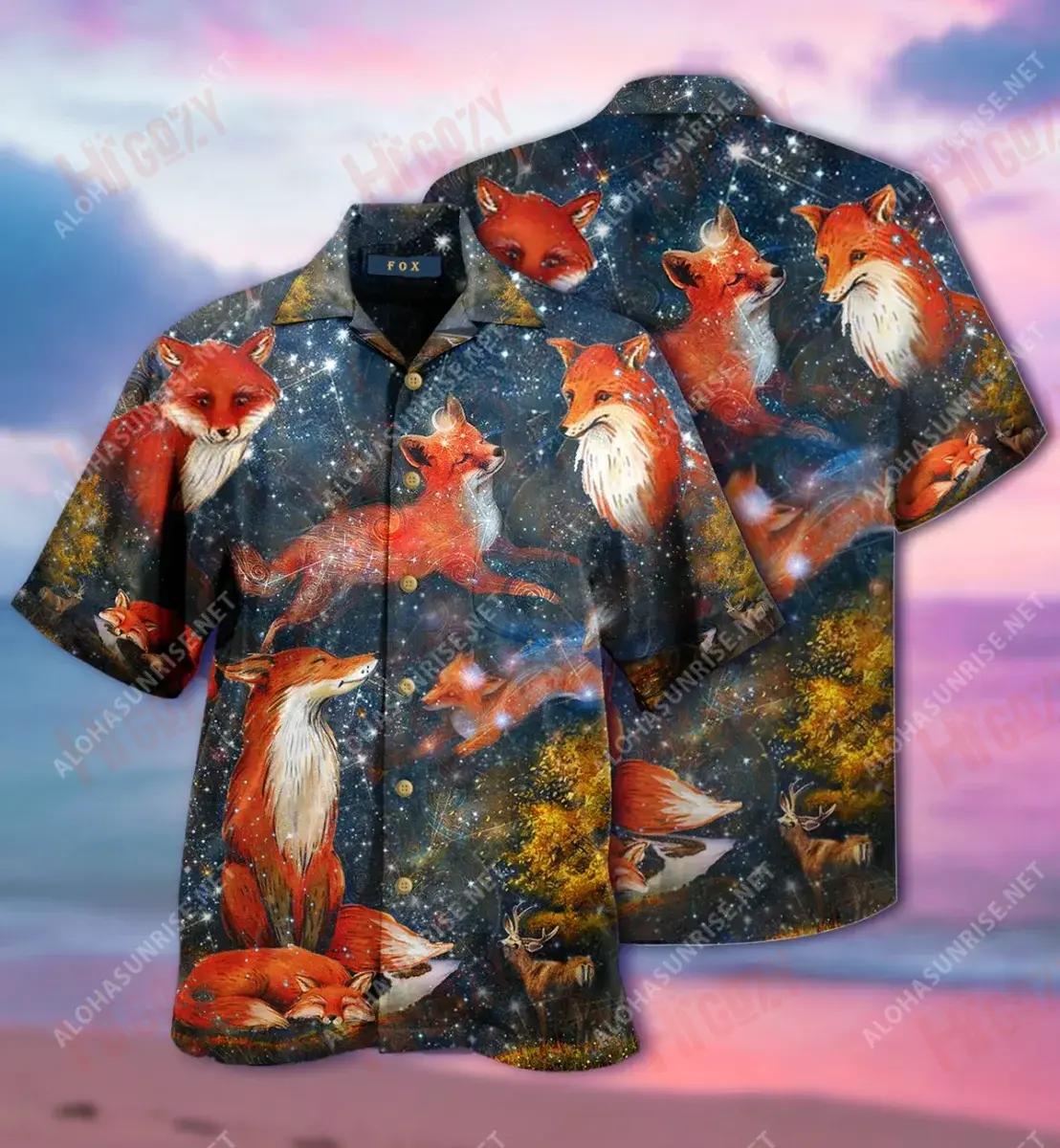The Fox In The Starlight Unisex Short Hawaiian Shirt Hobbies Hawaiian T Shirts Tactical Hawaiian Shirt Funny Hawaiian Shirts, Hawaiian Shirt Gift, Christmas Gift