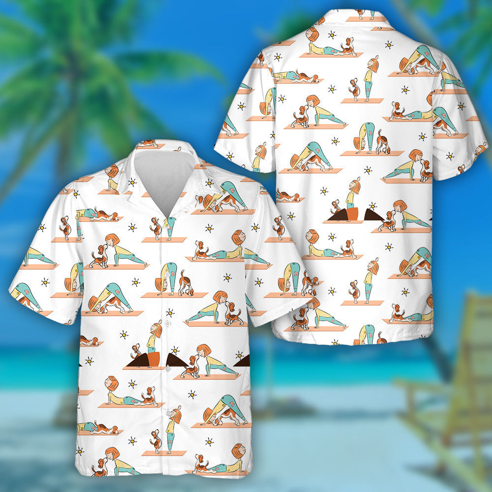 Cartoon Girl And Beagle Dog Doing Yoga Hawaiian Shirt, Hawaiian Shirt Gift, Christmas Gift