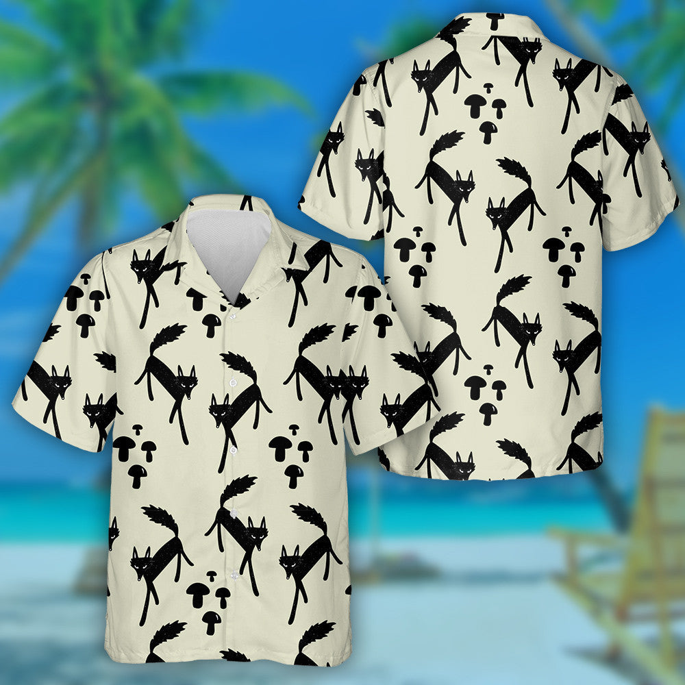 Hand Drawn Wolf And Mushrooms Cartoon Style Hawaiian Shirt, Hawaiian Shirt Gift, Christmas Gift
