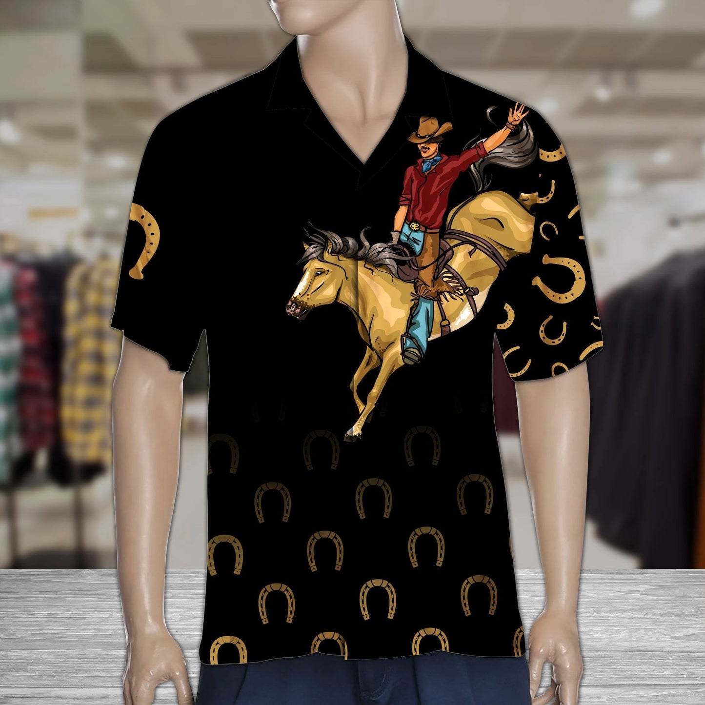 Cowboy Riding Horse With Golden Horseshoes In Black Hawaiian Shirt, Hawaiian Shirt Gift, Christmas Gift