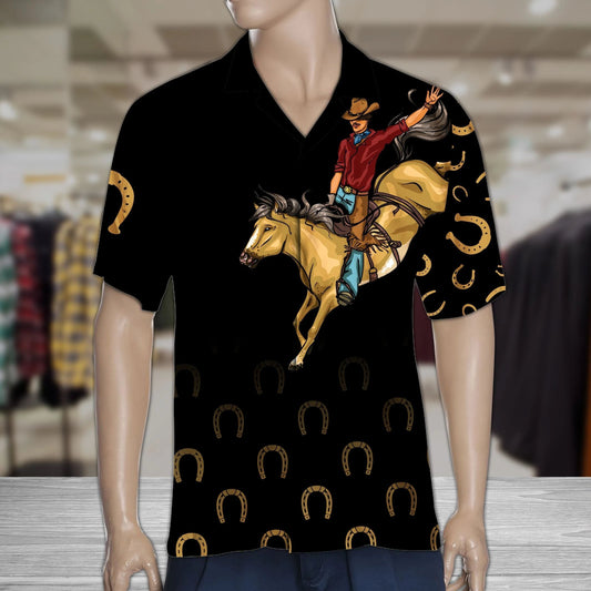 Cowboy Riding Horse With Golden Horseshoes In Black Hawaiian Shirt, Hawaiian Shirt Gift, Christmas Gift