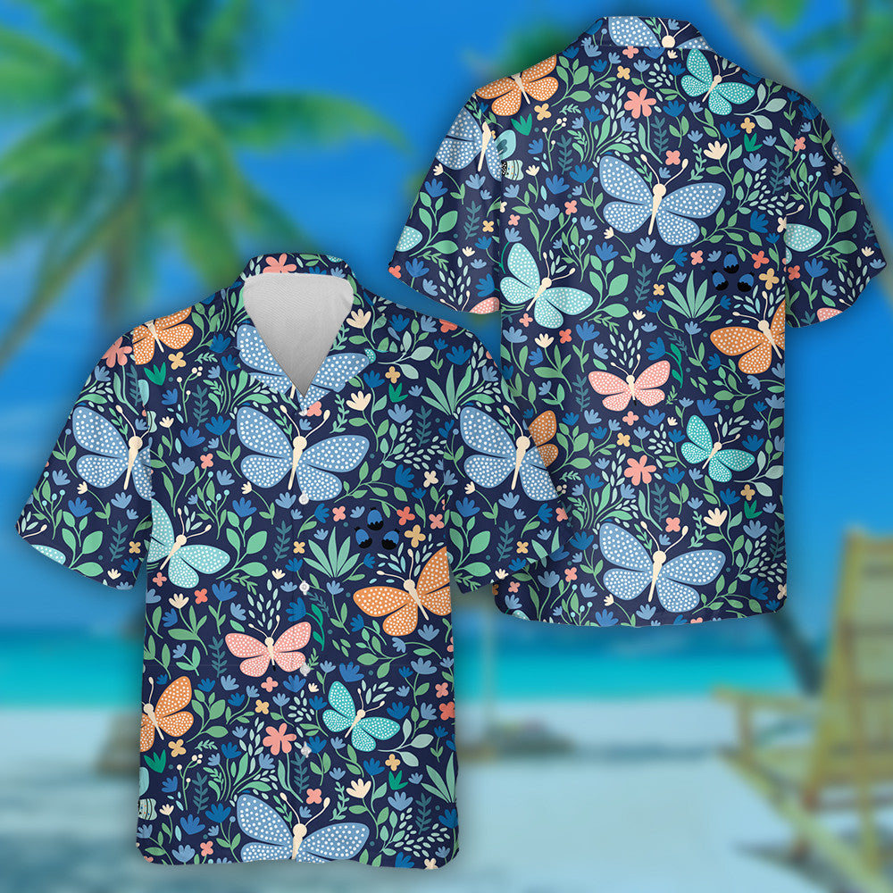 Butterflies And Flowers On Deep Blue Hawaiian Shirt, Hawaiian For Gift